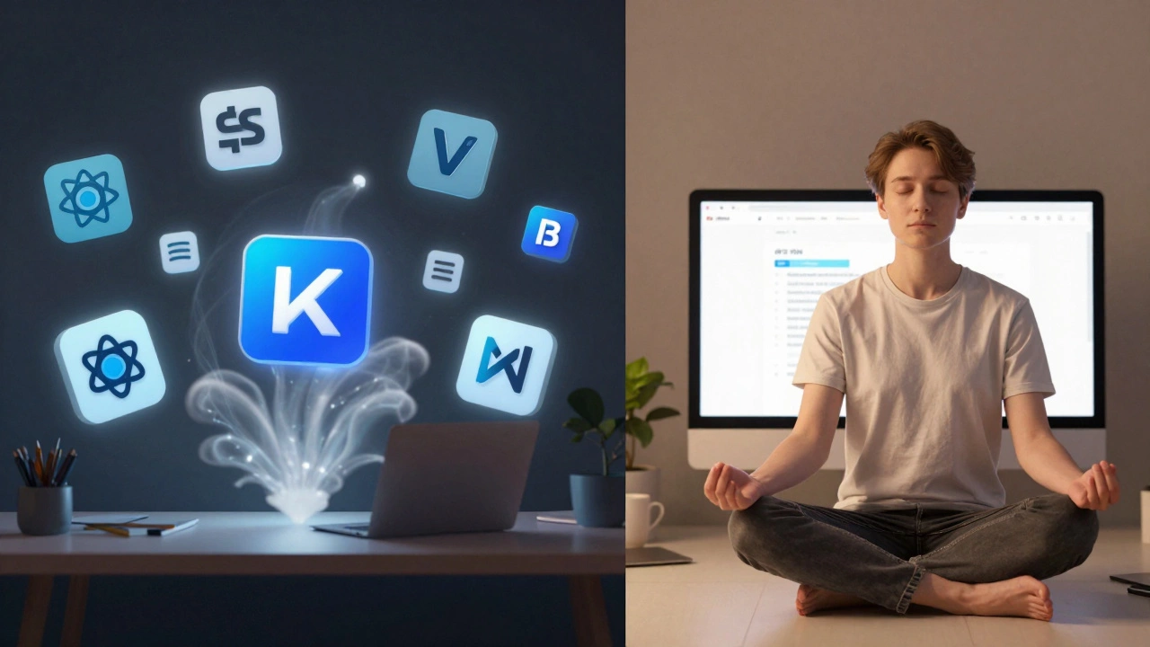 Split-screen of chaotic tech tools versus a calm developer meditating, symbolizing work-life balance.