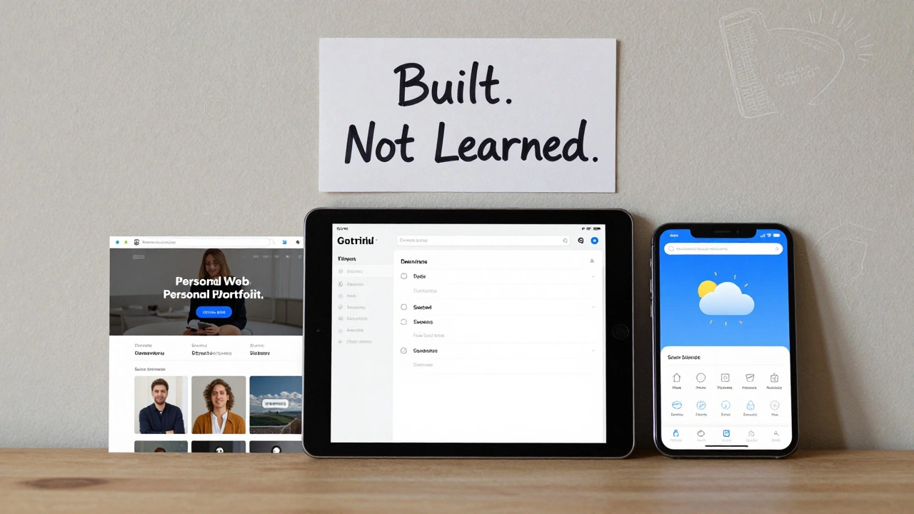 Three simple web projects displayed on a tablet with a handwritten note saying 'Built. Not Learned.'