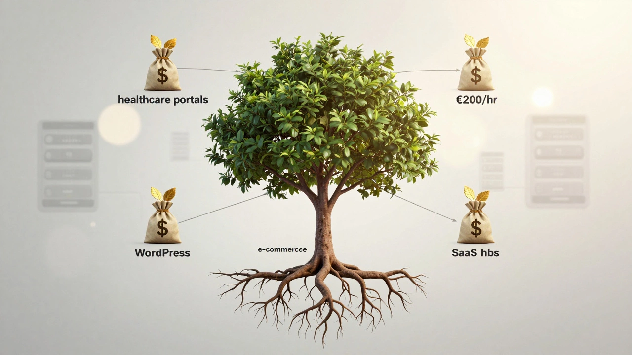 Tree with WordPress roots and branches representing high-paying niches and income levels.