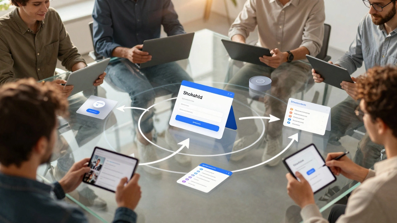 User journey flow mapped in Figma with animated links, viewed by a team on tablets and phones.