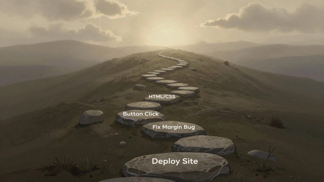 Winding path of web development milestones leading toward a glowing horizon.
