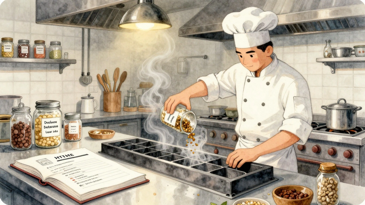 A chef pouring data into an HTML template mold, symbolizing Python generating web content for the browser.