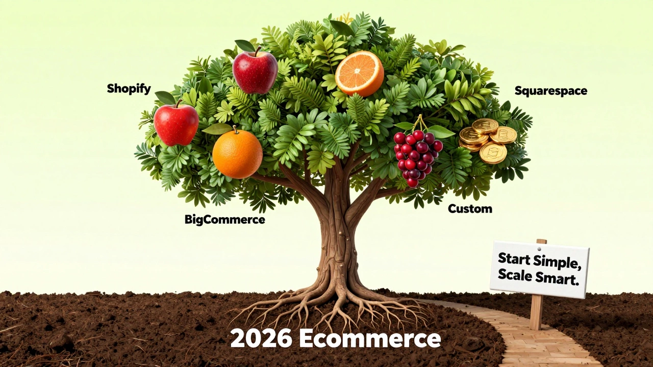A conceptual tree with branches representing different eCommerce platforms, symbolizing growth and choice in 2026.