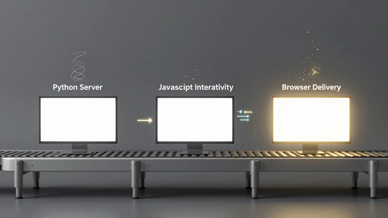 A conveyor belt transporting HTML templates through Python, JavaScript, and browser stations in a web development supply chain.