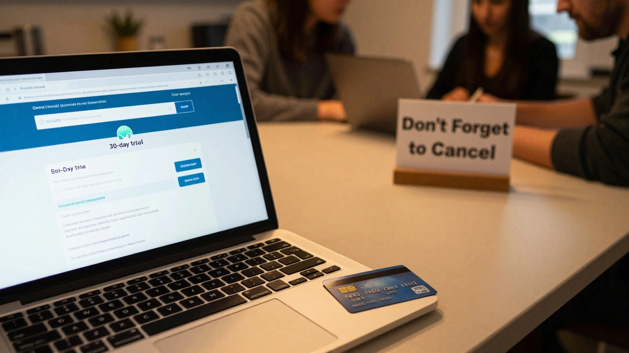 A credit card on a table beside a laptop showing a GoDaddy trial page with automatic charge warning.