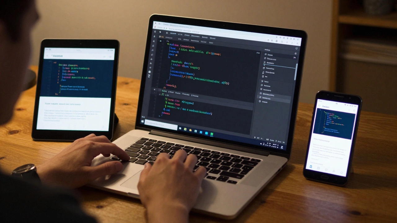 A designer working with code while tablets and older phones display a responsive website side by side.