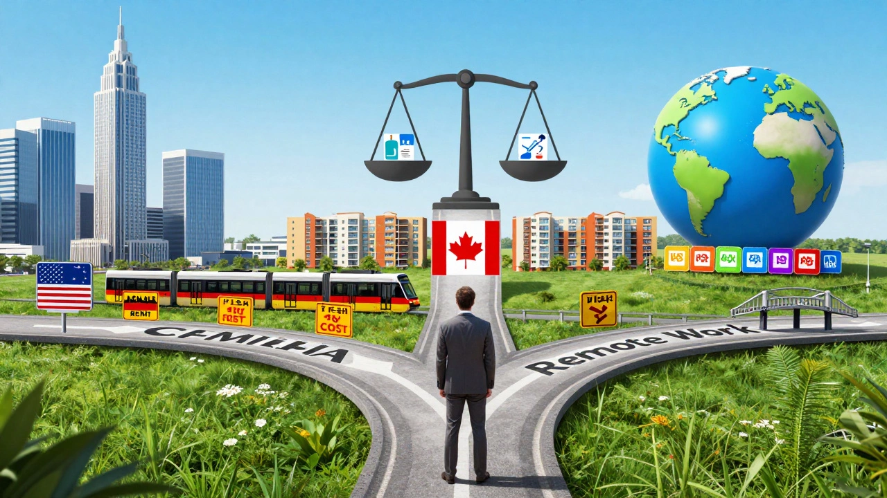 A developer at a crossroads with five paths representing top countries for tech careers, each with unique visual symbols.