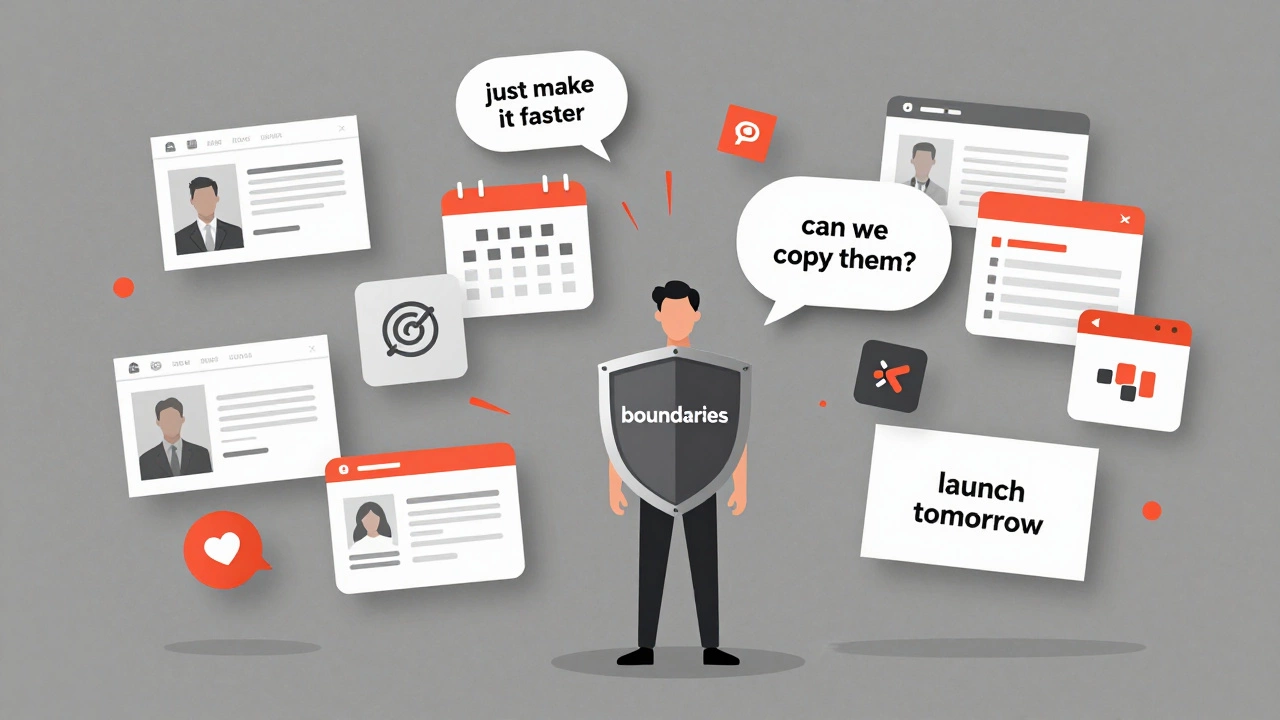 A developer standing calmly amid floating chaos of shifting design requests and browser errors, holding a shield marked 'boundaries'.