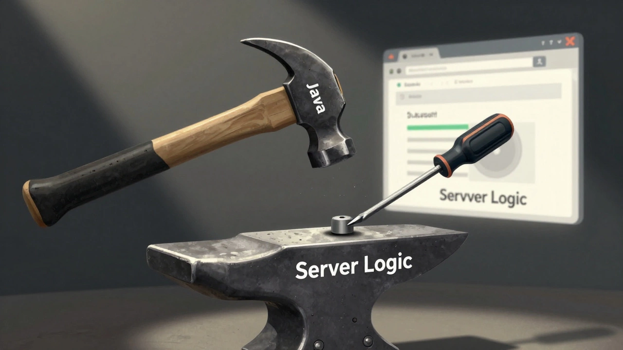 A hammer labeled Java strikes an anvil labeled Server Logic, while a screwdriver labeled JavaScript adjusts a browser interface.