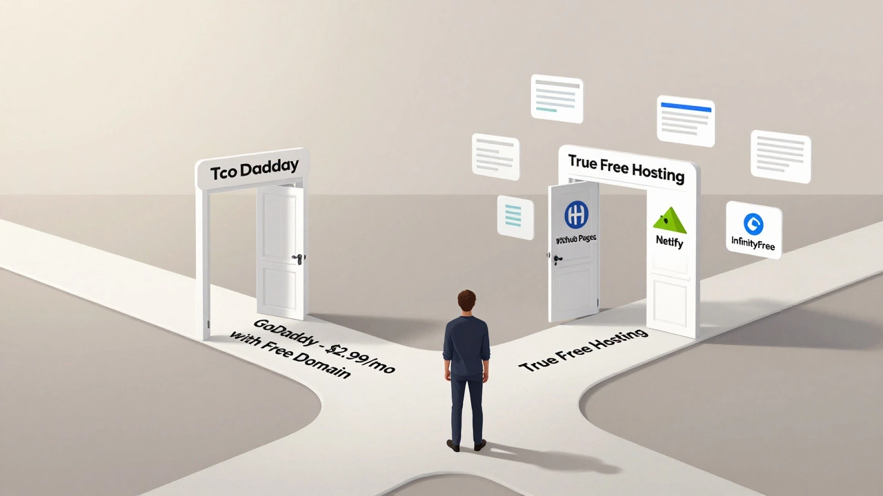 A person choosing between GoDaddy's paid hosting and true free hosting options at a crossroads.