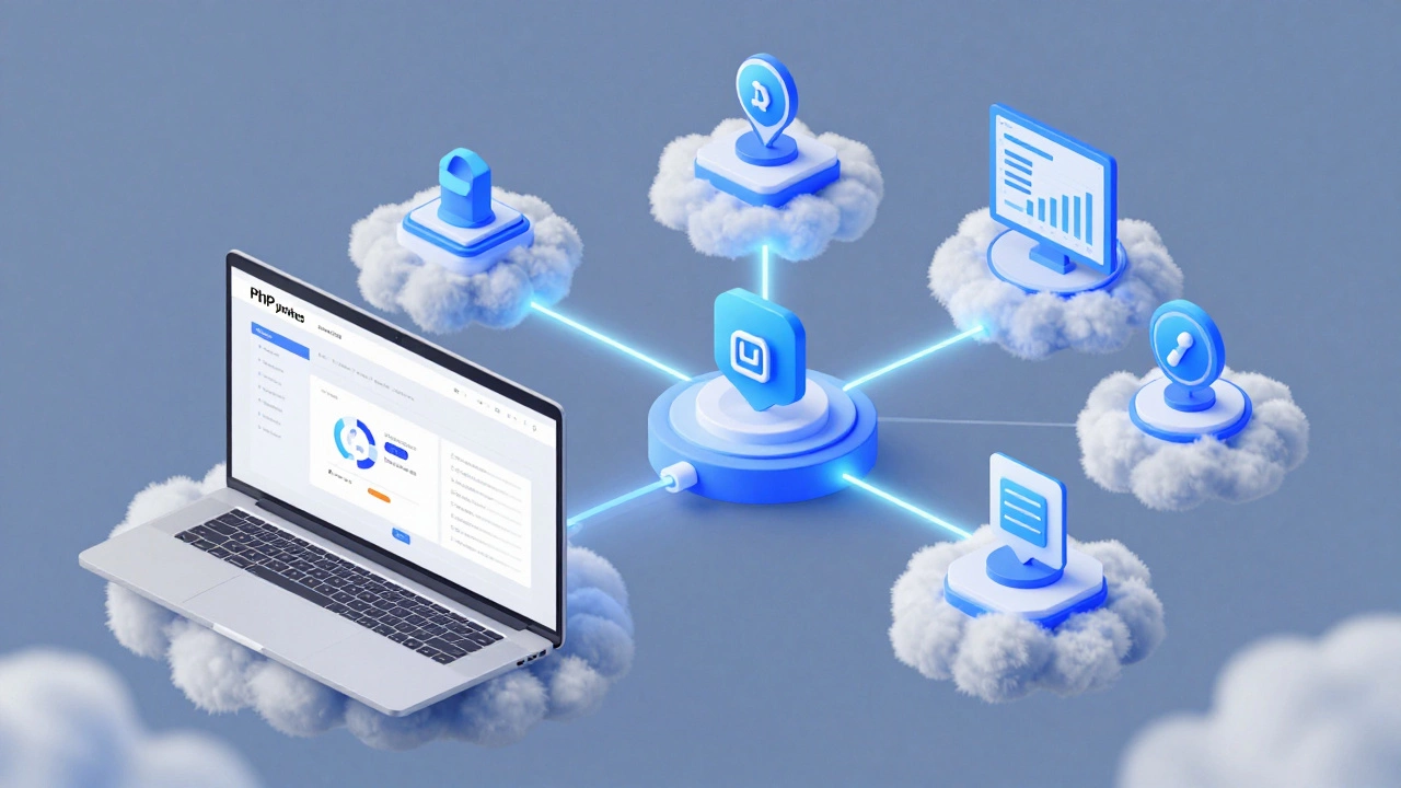 A PHP website connected via data pipes to Python microservices handling AI and analytics in a cloud environment.