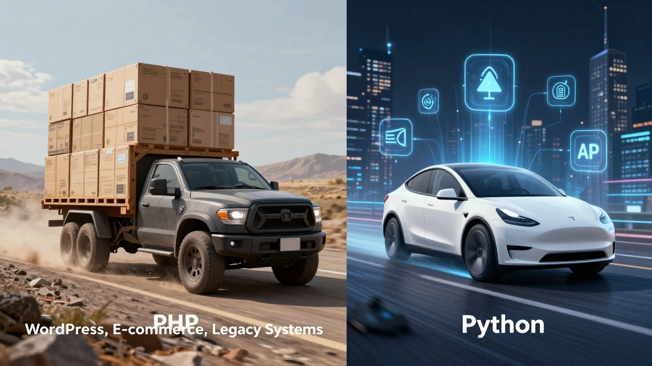 A pickup truck labeled PHP hauling legacy web systems, next to a Tesla labeled Python speeding through a digital city.