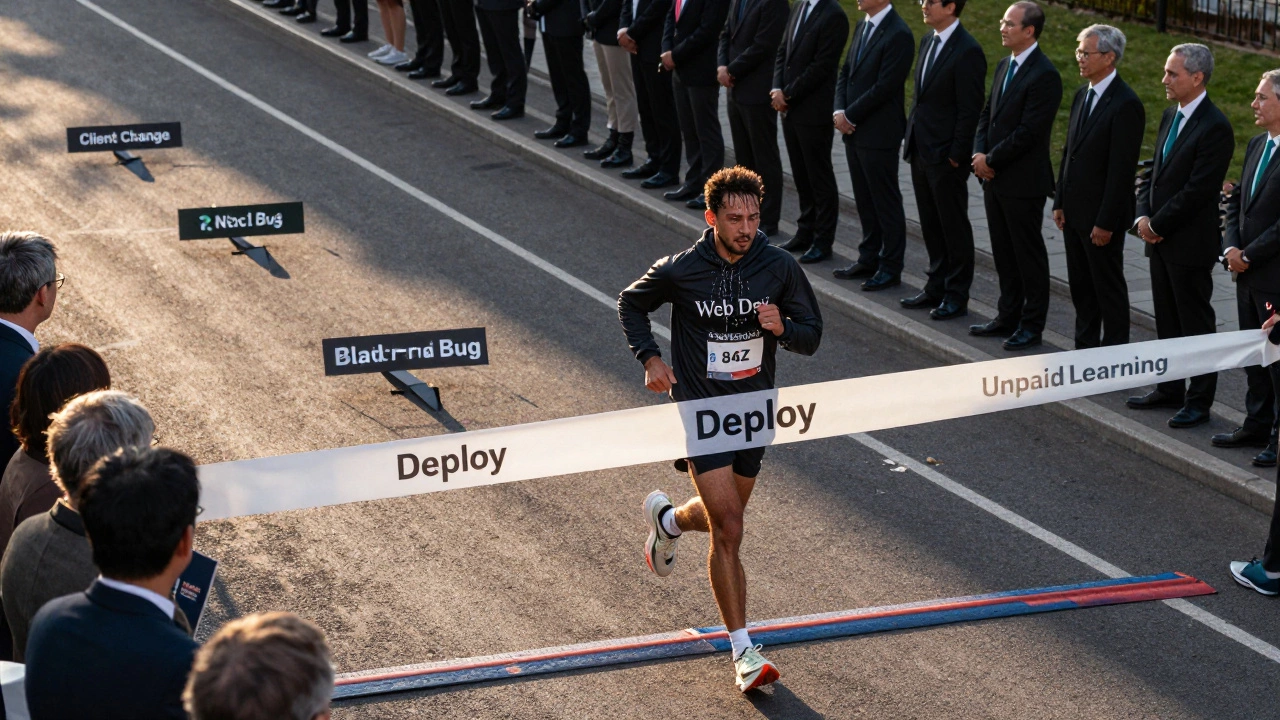 A runner crossing a finish line made of web frameworks, with obstacles labeled 'client changes' and 'browser bugs' along the track.