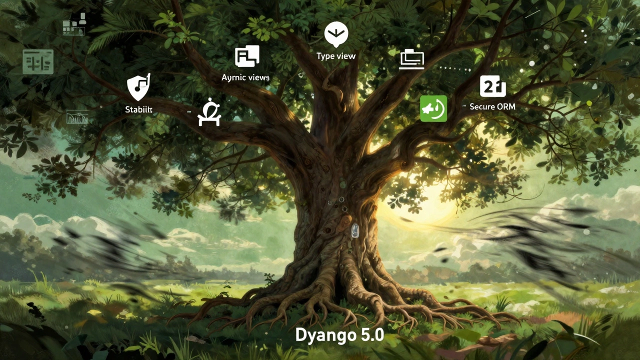 A sturdy tree labeled Django 5.0 stands strong as JavaScript frameworks blow away in the wind.