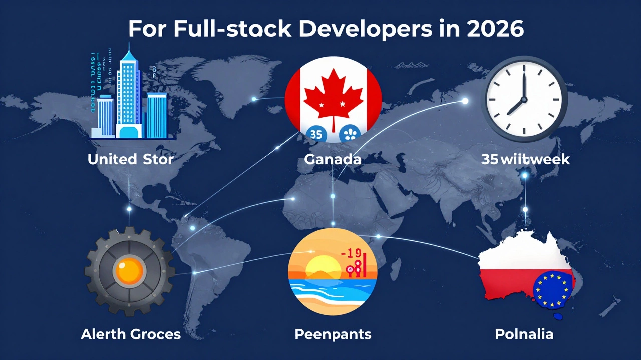 A symbolic map highlighting the top five countries for full-stack developers in 2026 with country-specific icons and digital connections.