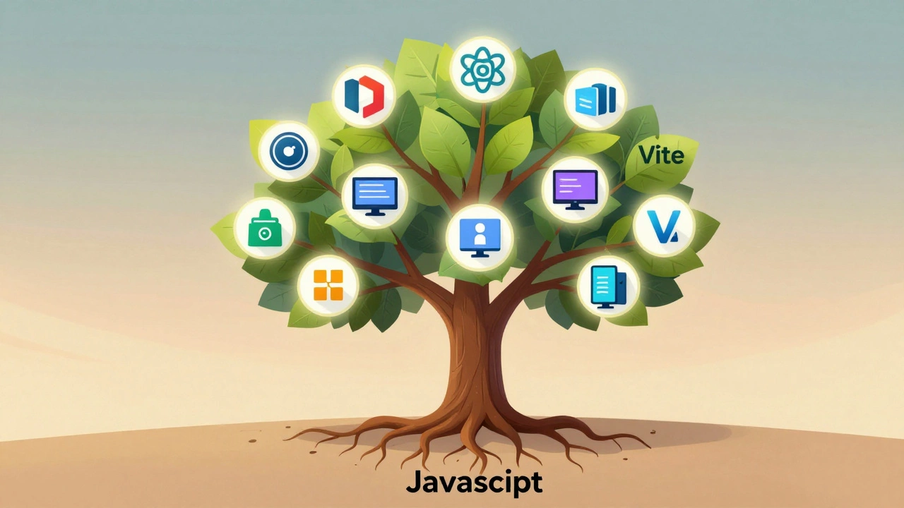 A tree with framework branches rooted in JavaScript, symbolizing its universal reach across devices.