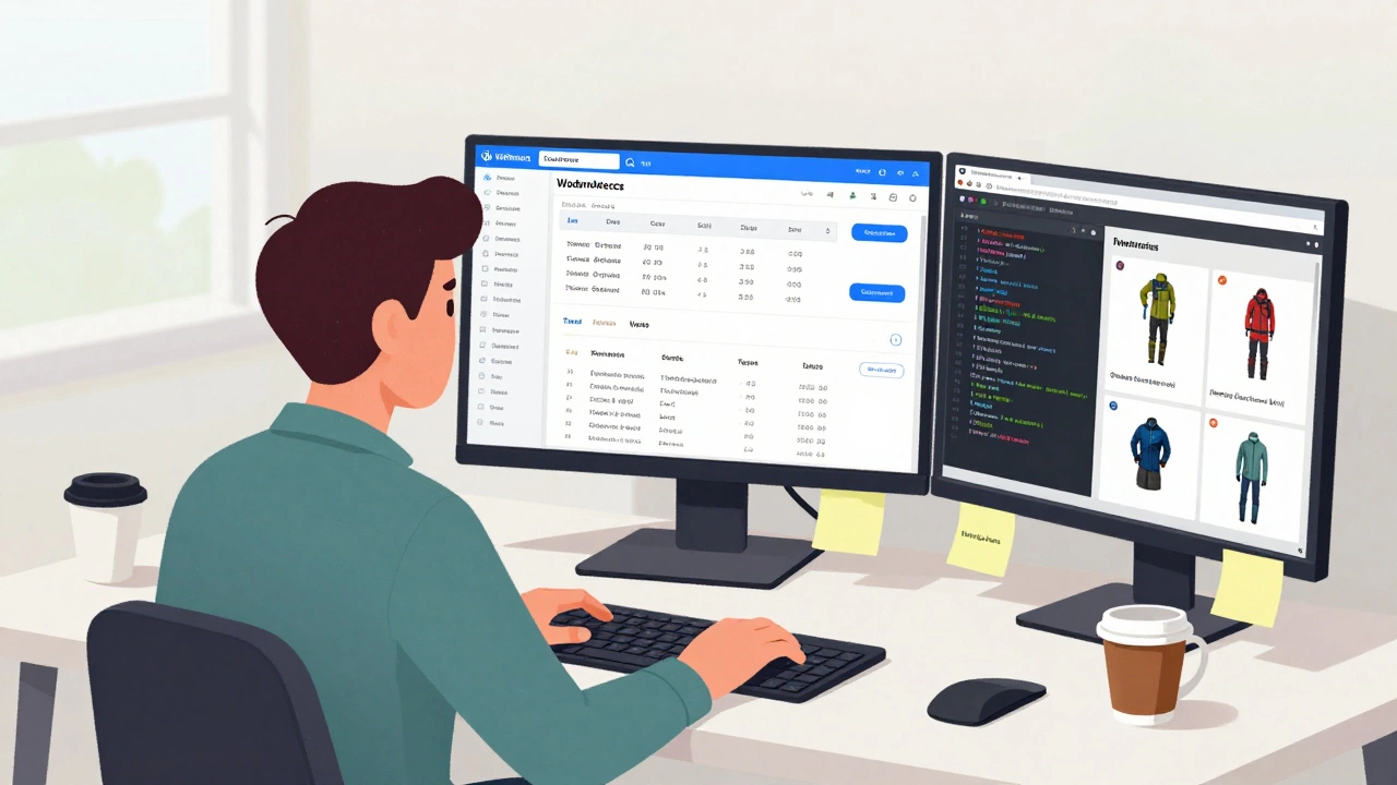 An entrepreneur managing a WooCommerce store with multiple screens showing plugins, code, and product variations.