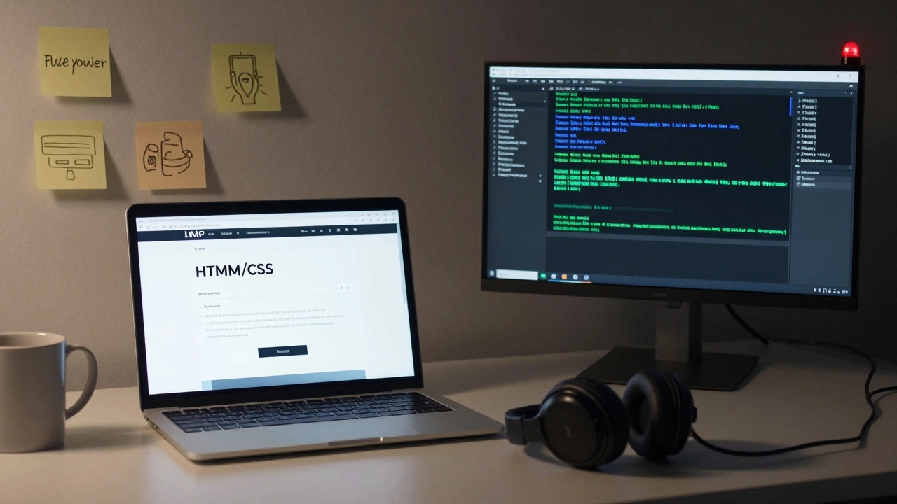 Cybersecurity analyst monitoring network traffic and command-line alerts in a dimly lit room.