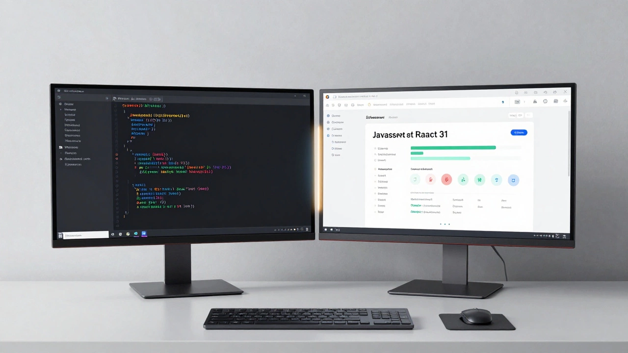 Developer workspace with Java code on one monitor and React frontend on another, showing backend and frontend collaboration.
