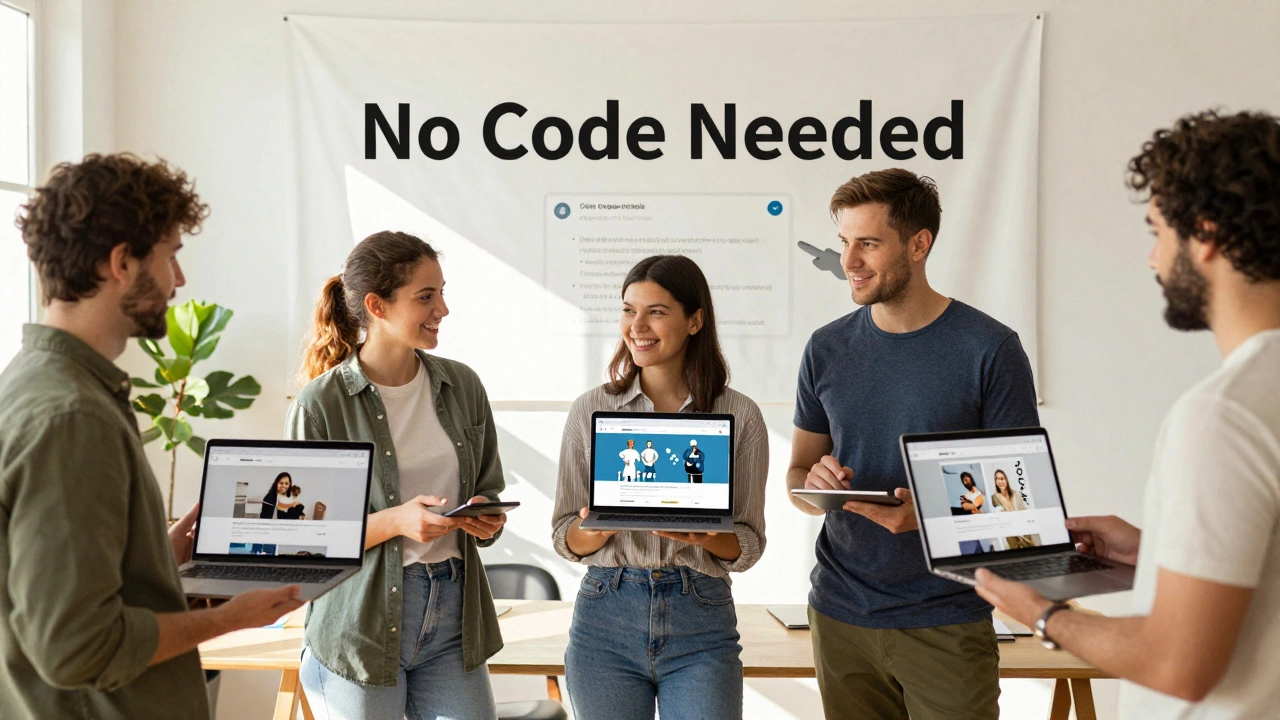 Group of people in a co-working space viewing their completed WordPress websites on tablets, smiling with confidence.
