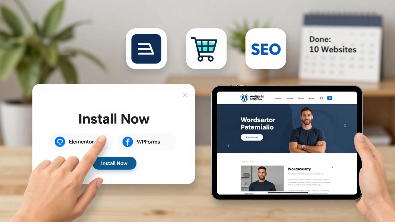 Hand clicking 'Install Now' on WordPress plugins while a live website appears on a tablet, with tool icons floating nearby.