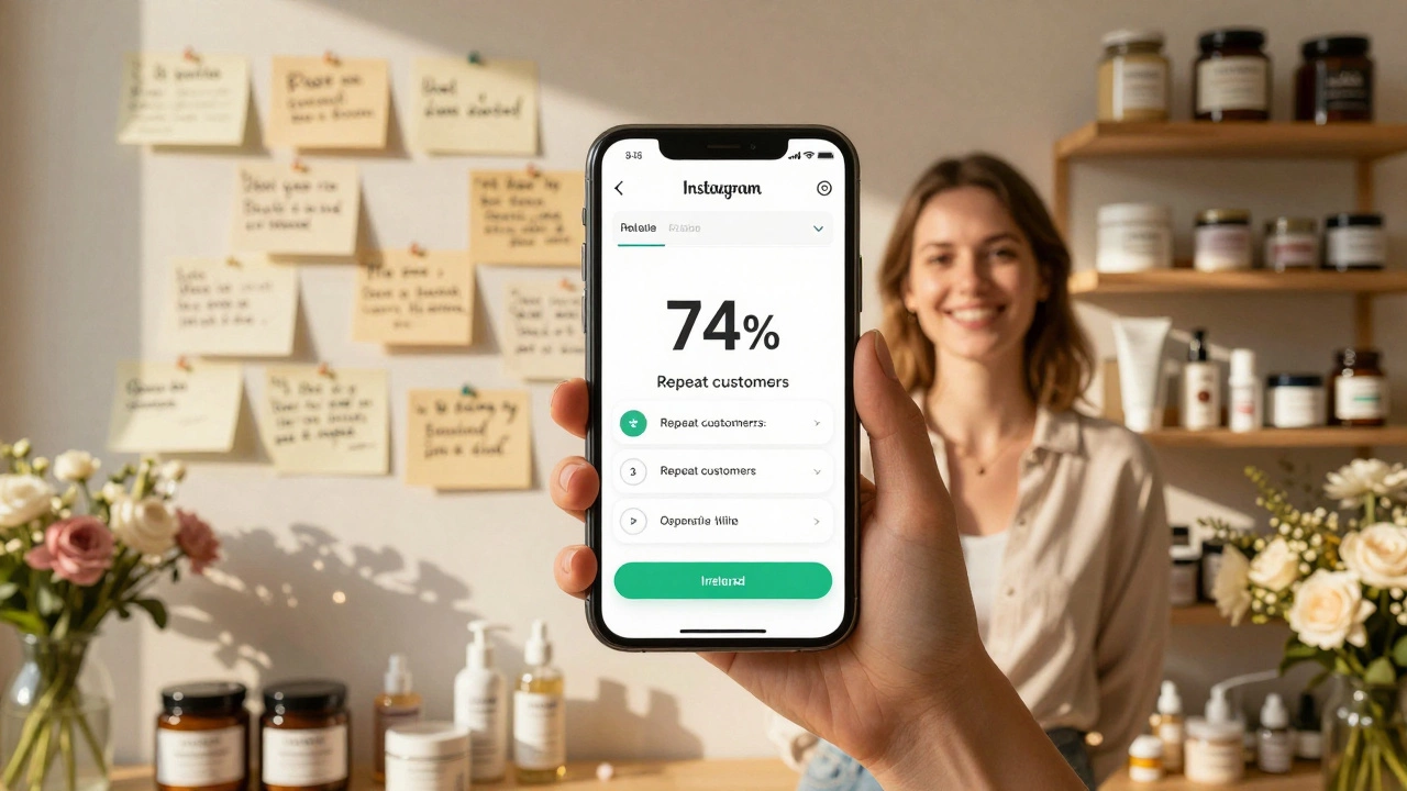 Handwritten notes and skincare products with happy customers, symbolizing customer loyalty in e-commerce.