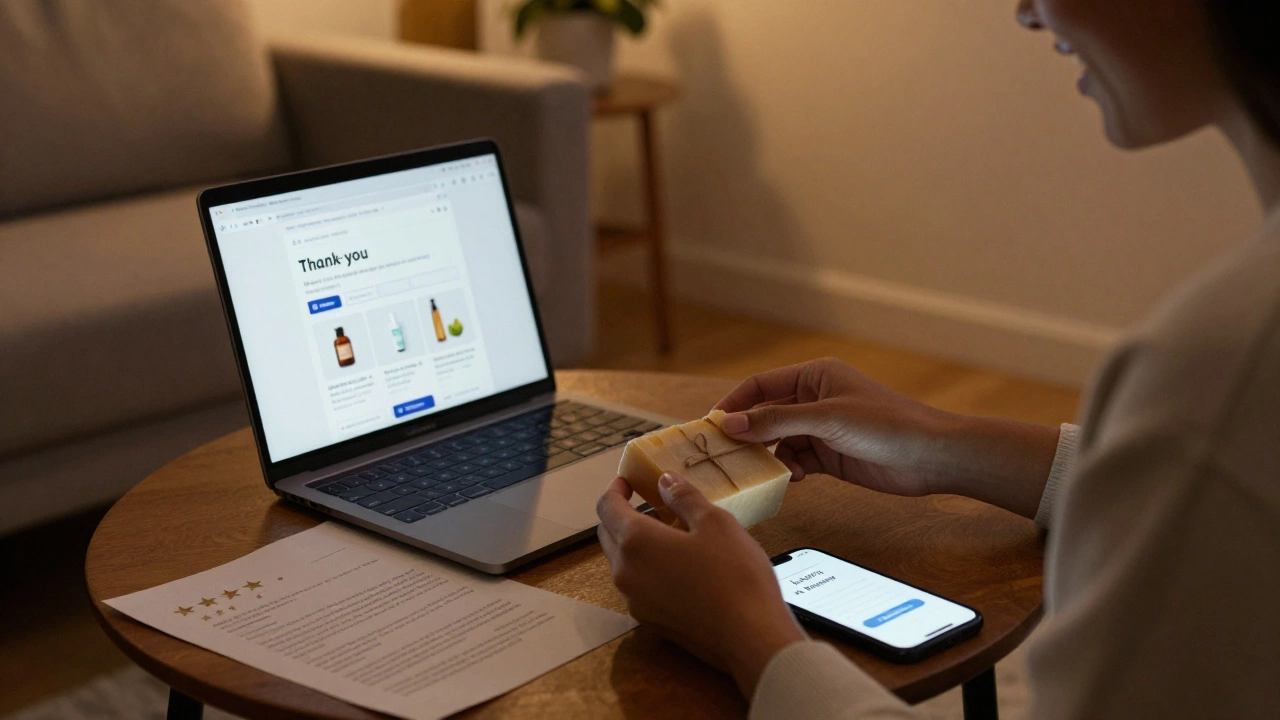 Person opening a soap package in a cozy living room, with laptop showing thank-you email and review prompt.