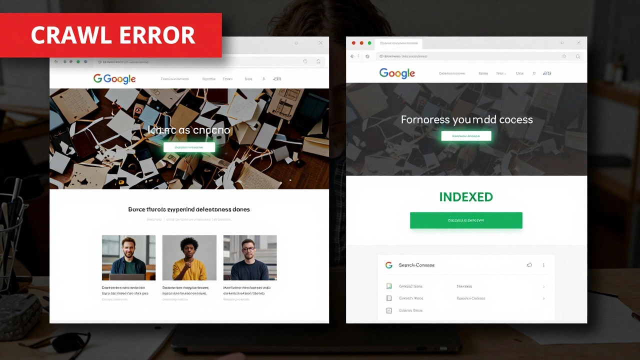Split-screen comparison of a poorly structured website versus an optimized one with clear technical improvements.
