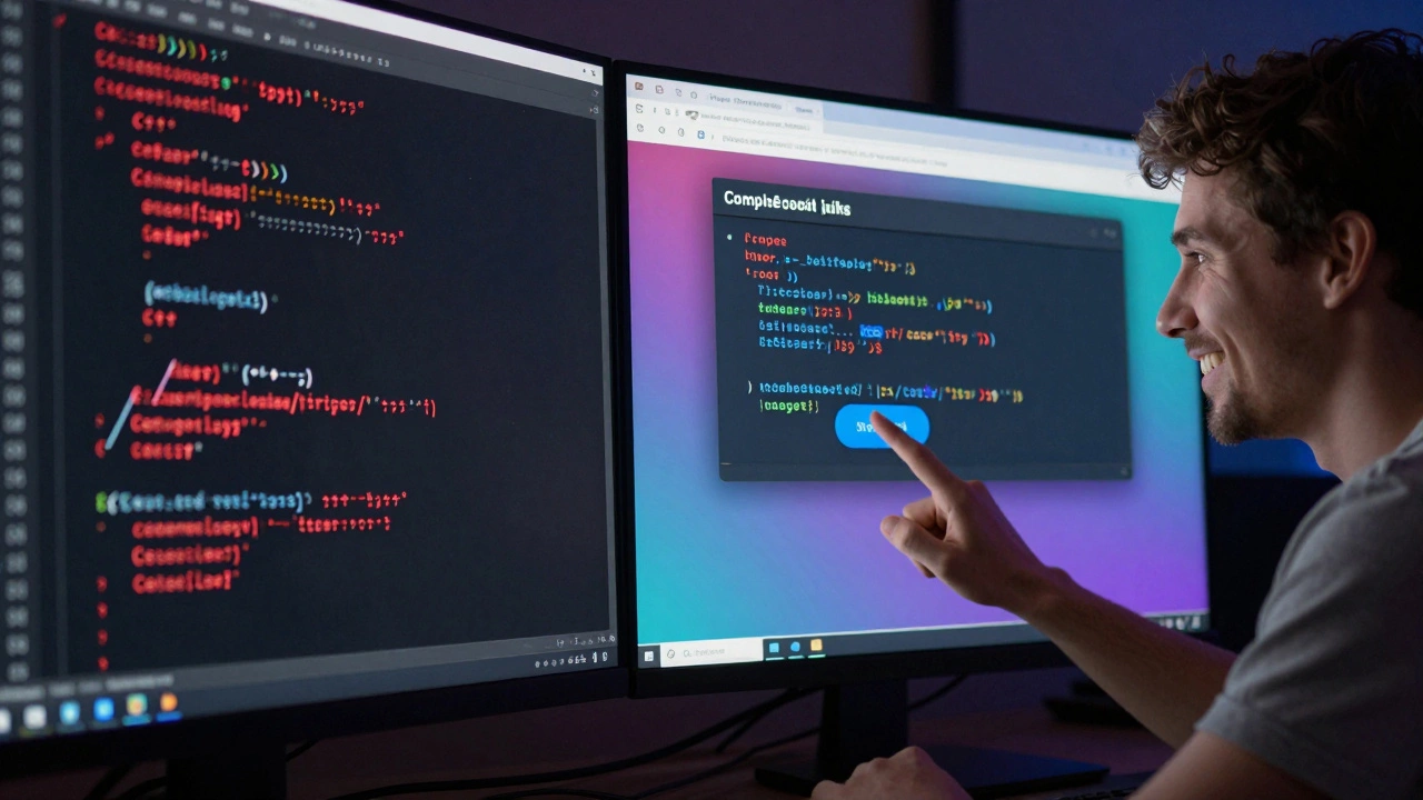 Split screen: left shows C++ compiler errors, right shows a button changing webpage color with simple JavaScript.