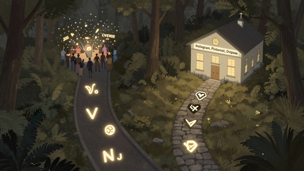 Two paths in a forest: one flashy with JavaScript icons, one quiet leading to major tech company buildings.