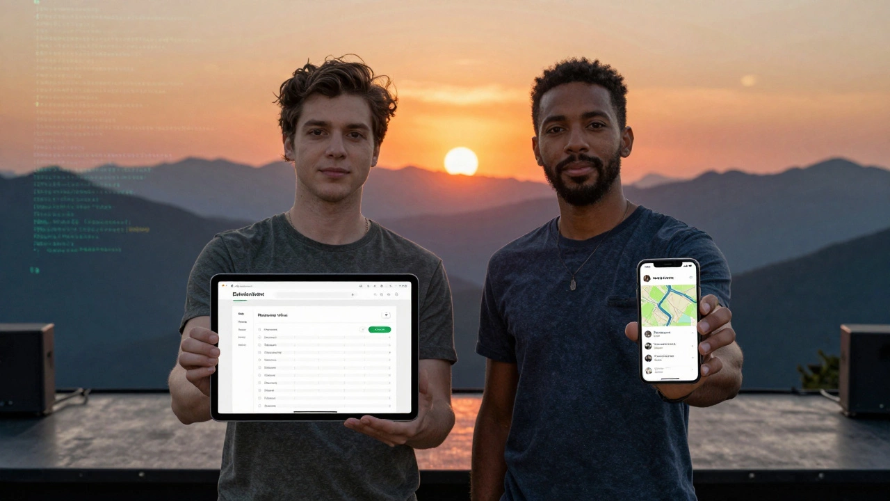 Two people showcasing functional JavaScript apps — a budget tracker and a hiking map — against a sunrise backdrop.
