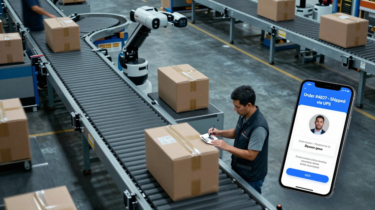 Warehouse robots and conveyor belts moving packages with a digital screen displaying shipping confirmation.