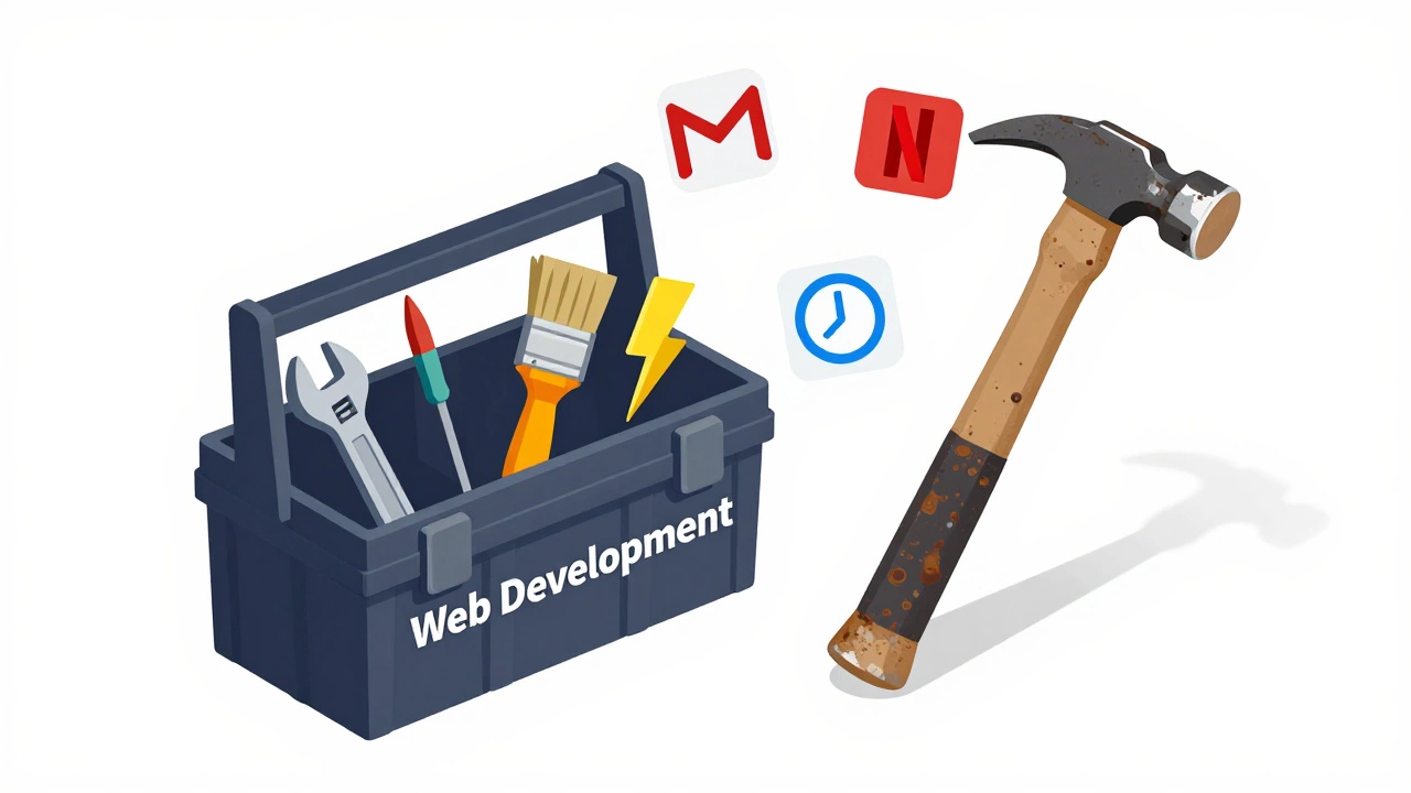 Web development toolbox with HTML, CSS, and JavaScript tools, while a rusted C++ hammer lies outside, ignored.