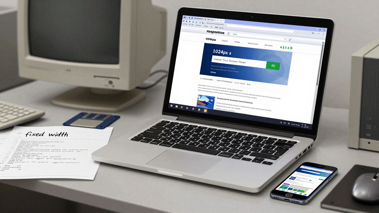 2011-era laptop showing a static website surrounded by outdated tech, with a modern smartphone face-down nearby.
