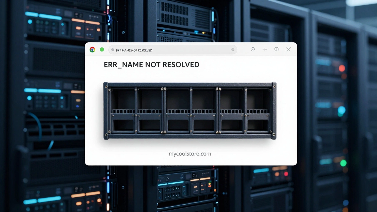 A browser error screen overlaying an empty server slot in a data center, other servers active in background.