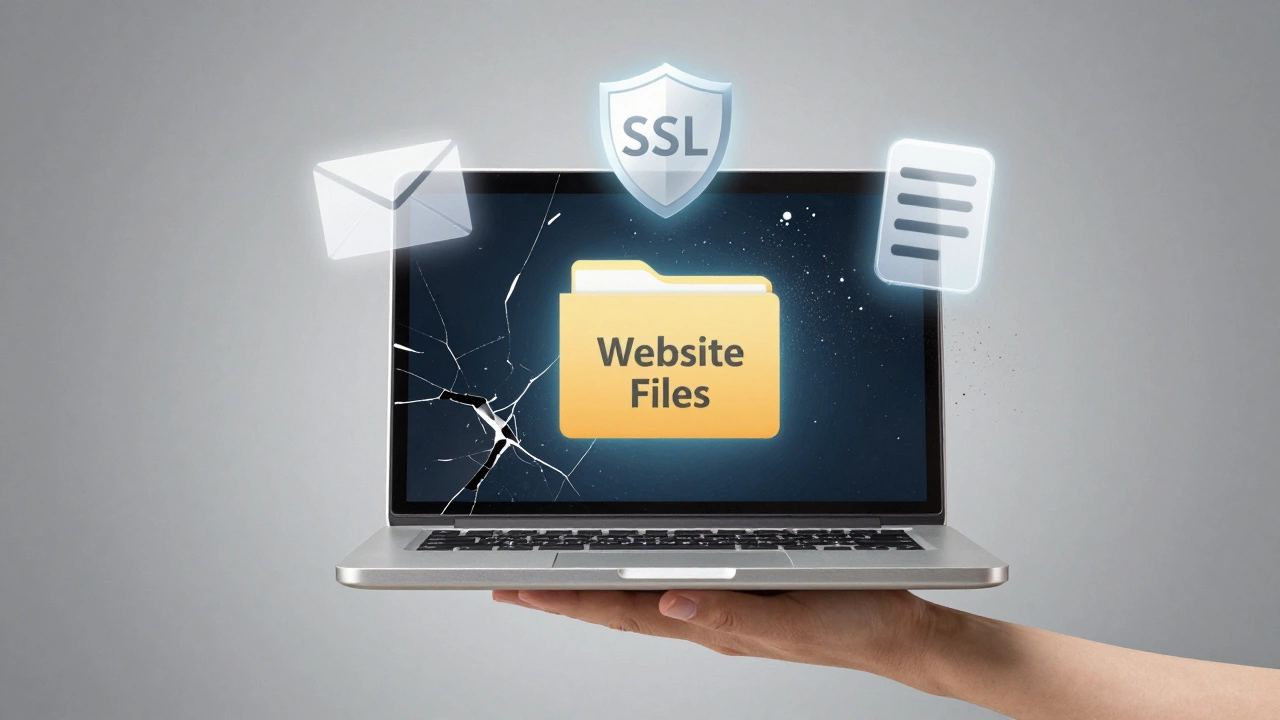 A cracked laptop displays website files while digital icons of email, security, and server fade away.