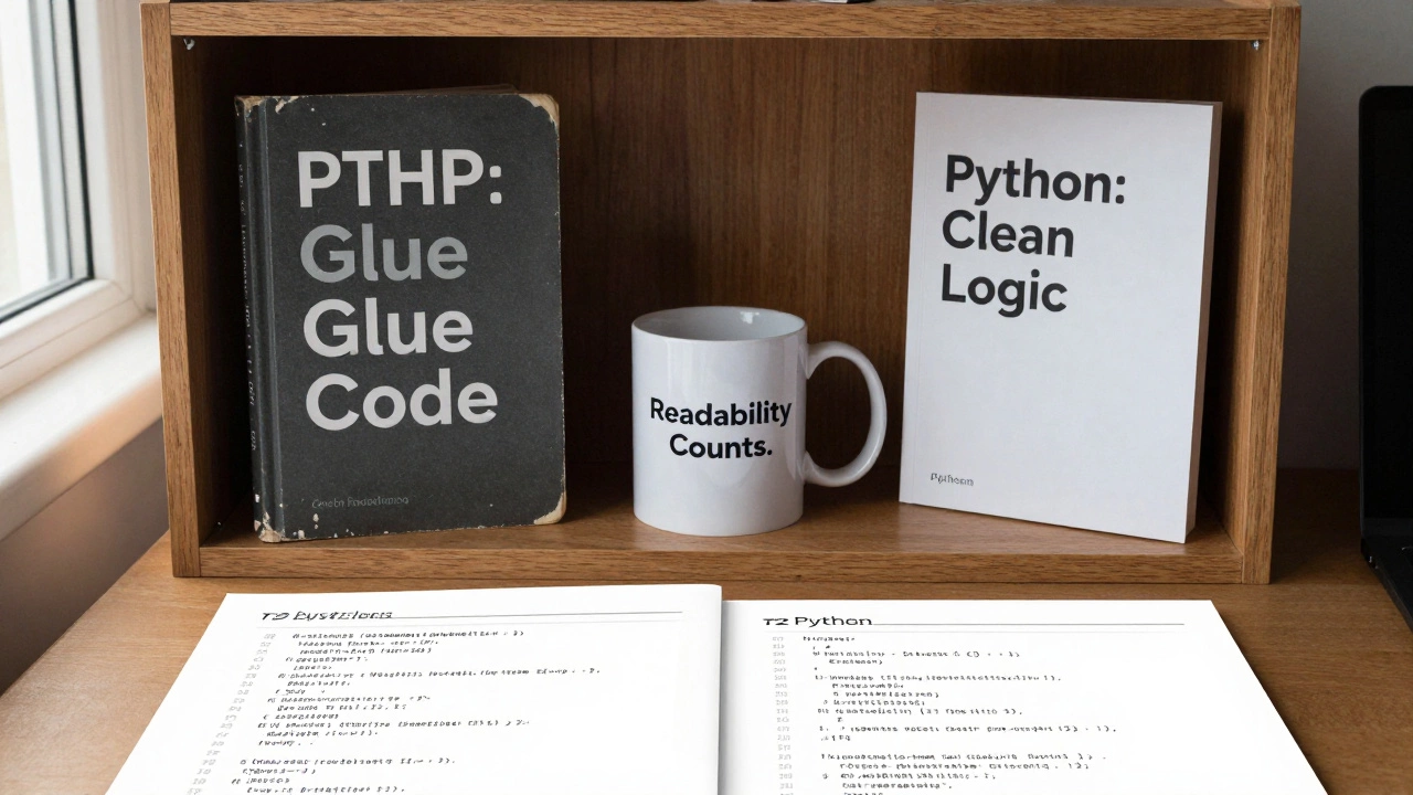 A desk with PHP and Python code side by side, comparing syntax for reading a CSV file.