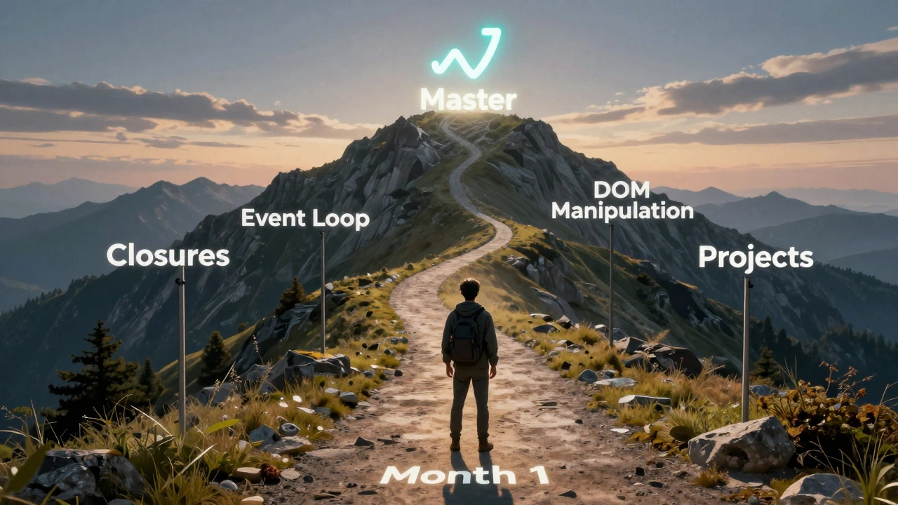 A developer at the start of a path leading to mastery, with milestones marking core JavaScript concepts on a mountain trail.