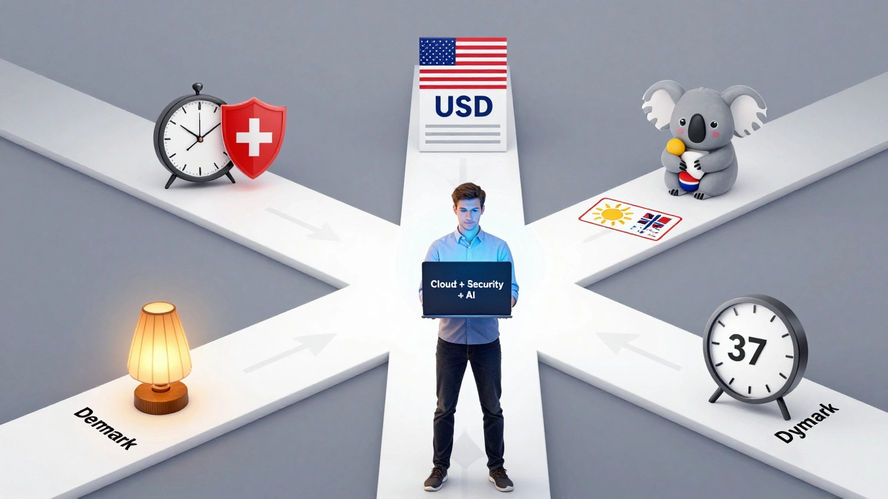 A developer choosing between five country paths, each representing work culture and compensation differences.