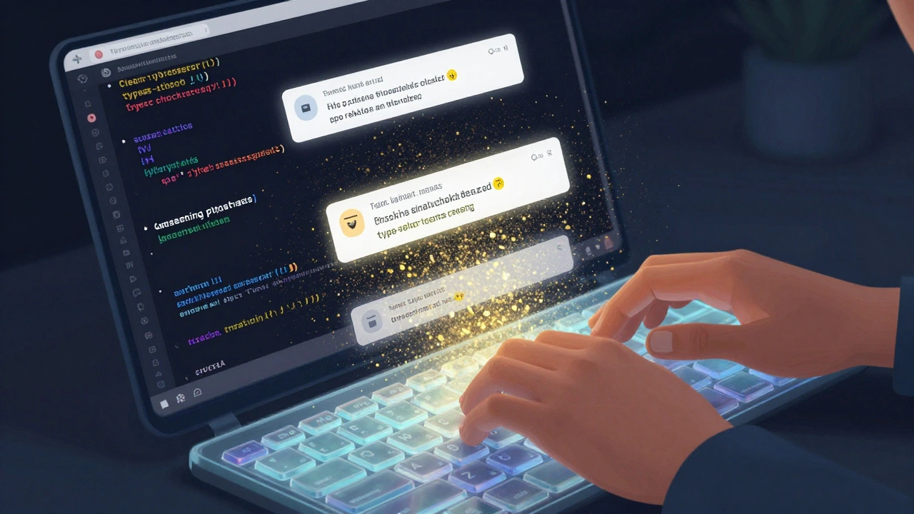 A developer typing TypeScript as type-checking errors vanish, while JavaScript and WebAssembly work together seamlessly.