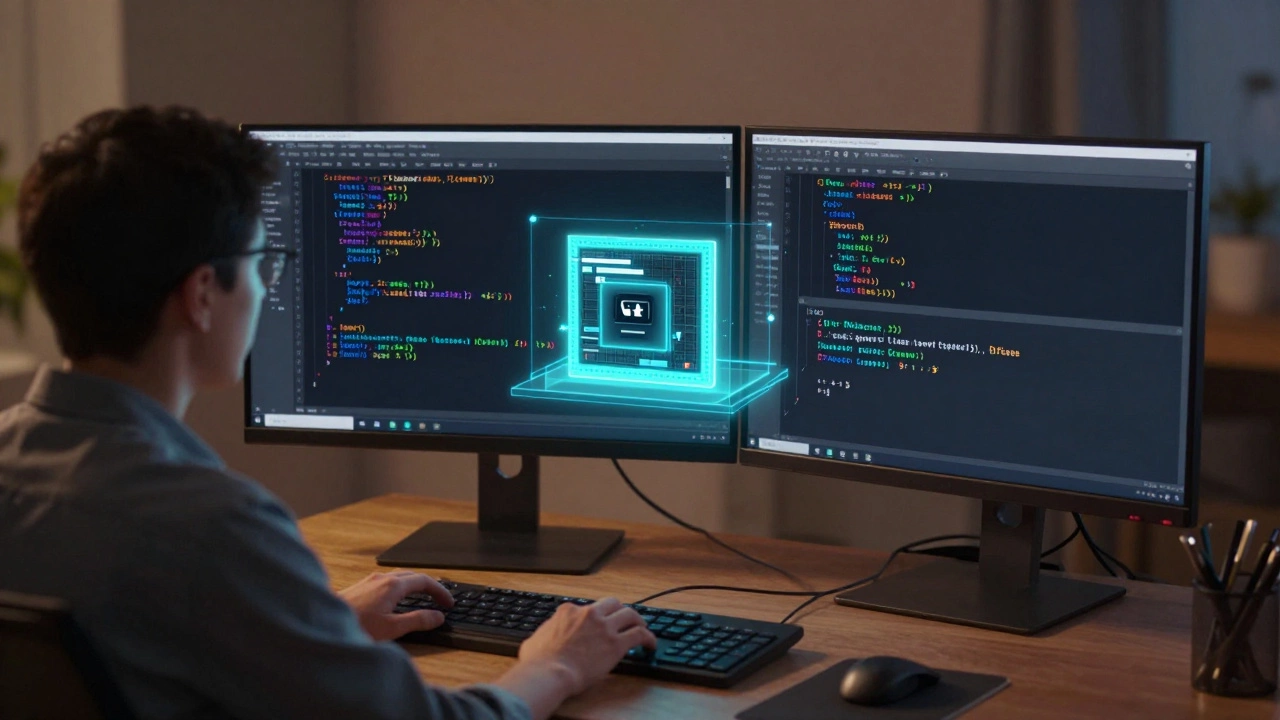 A developer viewing JavaScript's object-based code on one monitor and C++ WebAssembly primitives on another, with a glowing WebAssembly module above.