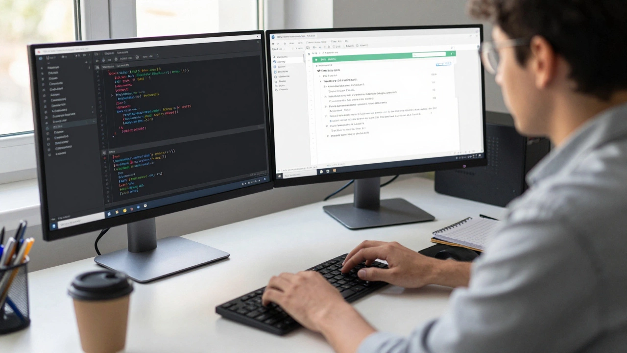 A developer working at a desk with multiple screens showing React, Node.js, and PostgreSQL, in natural morning light.