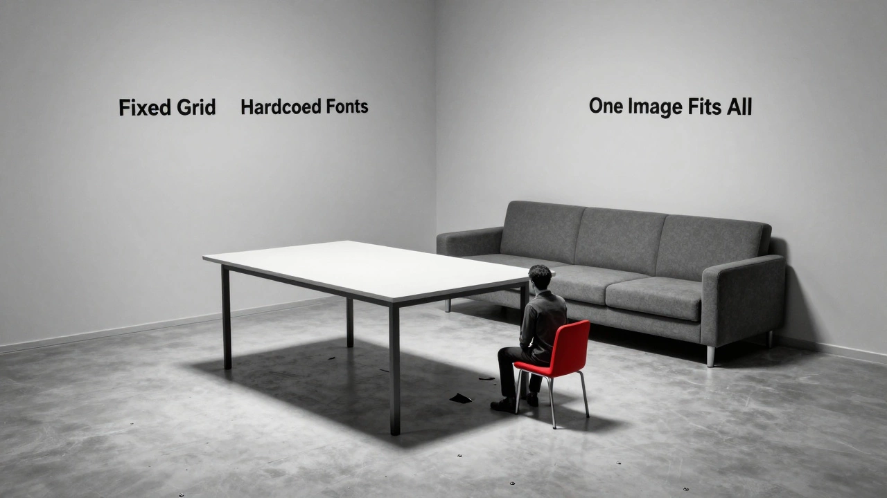 A room with furniture bolted to the floor, dwarfing a person trying to sit, symbolizing rigid, non-responsive web design.