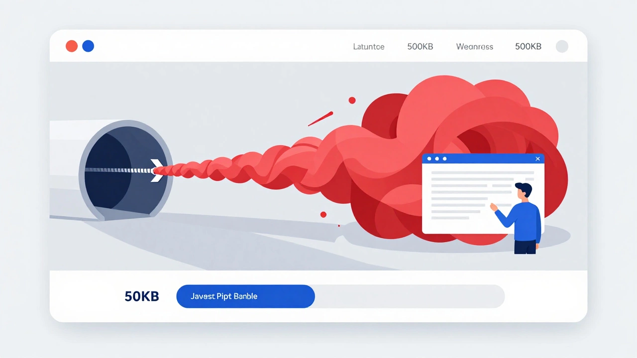 A small optimized JavaScript bundle loading faster than a large bloated one, with server-rendered content appearing first.