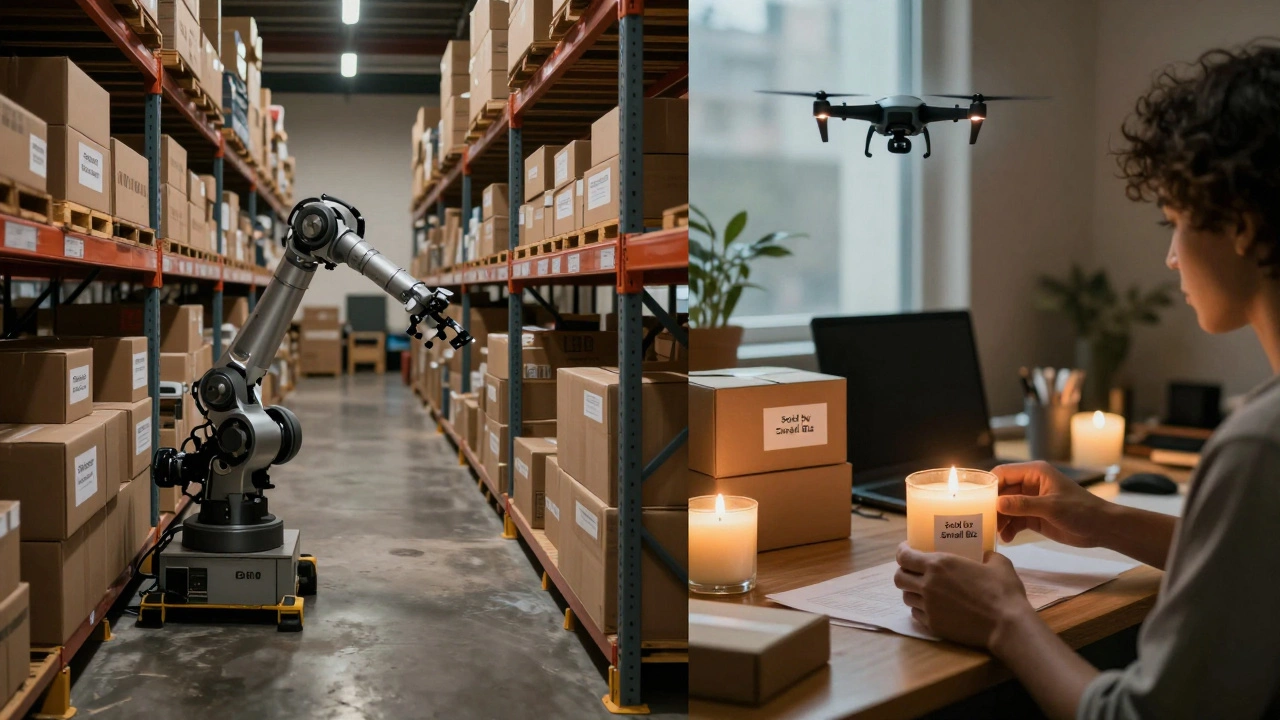 A split view of an Amazon warehouse and a small seller packaging handmade goods, connected by a delivery drone.