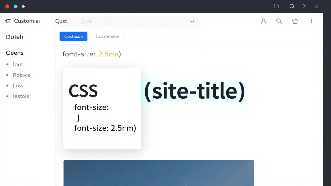 A WordPress Customizer interface showing a CSS code snippet changing a site title's font size on a live preview.