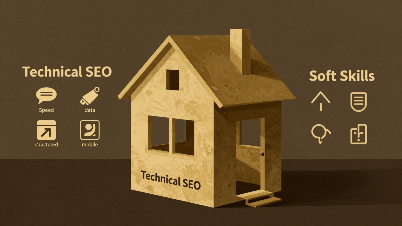 Abstract house with technical SEO foundation and soft skills walls, missing door symbolizing poor search intent.