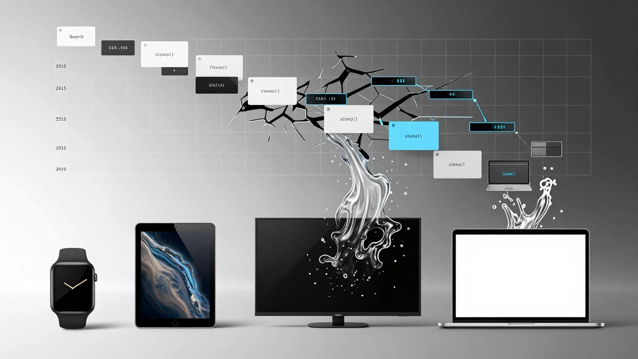 Abstract representation of modern responsive design replacing outdated media queries with fluid CSS systems.
