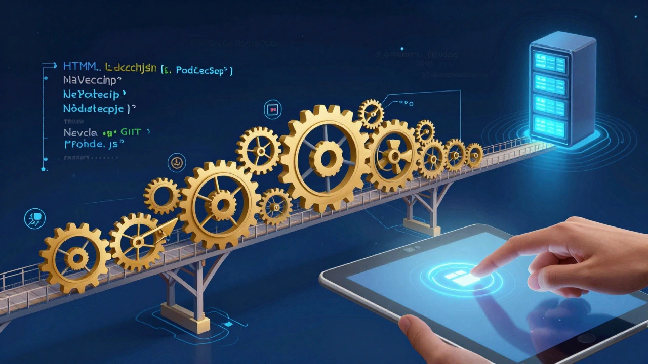 An abstract bridge made of code and data elements connecting user interaction to a database server.