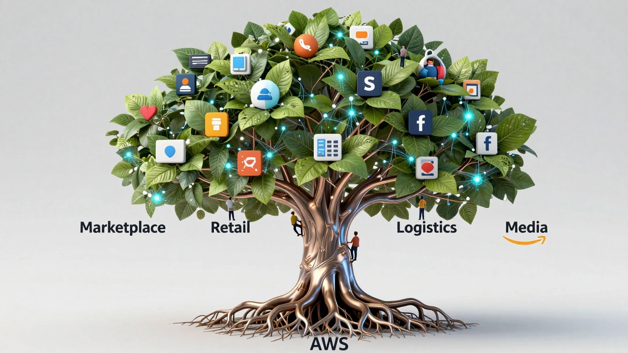 An abstract tree representing Amazon's ecosystem with roots and branches labeled for its core business areas.